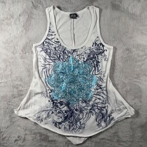 Dots Womens Graphic Tank Top White Teal Mandala Sharkbite Hem Size Medium